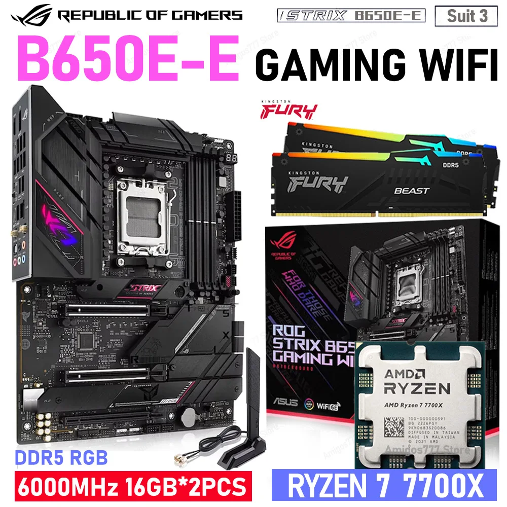 RYZEN R7 7700X CPU Kit AM5 Asus ROG STRIX B650E-E GAMING WIFI Motherboard B650 + Kingston DDR5 Memory 32GB RAM AMD B650E AM5 ATX