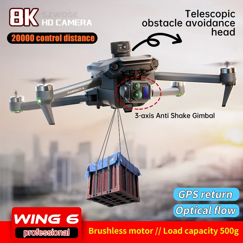 Wing 6 Professional Fishing Airdrop Drone 8K HD Camera 3-Axis Gimbal 20KM Brushless GPS Quadcopter Obstacle Avoidance RC Dron