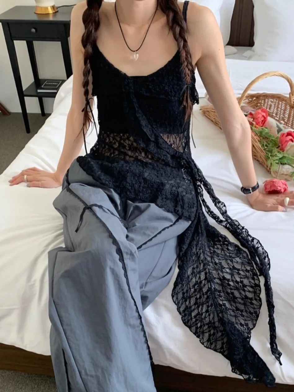 Chic Spitze Übergroßen Crop Top frauen Sommer Neue Sle Pure Desire Sexy Layered Weste Bluse Mid-Länge Svel oberbekleidung