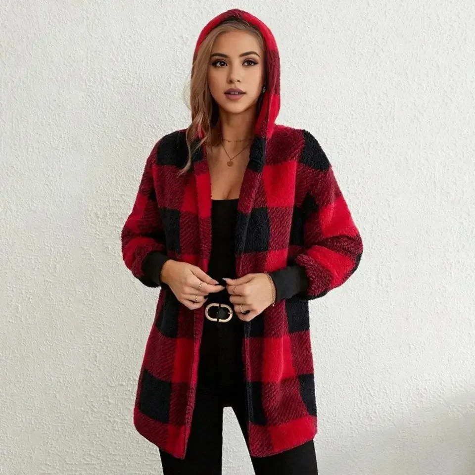Winter Coats Woman 2025 Vintage Loose Plaid Woolen Cardigan Hooded Sweatshirt Casual Medium To Long Plush Cardigan