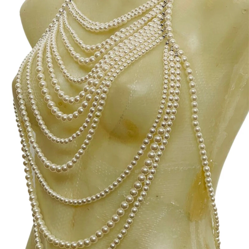 Mehrschichtiges Perlen-Neckholder-Bodychain-Top, weiß, mit Kunstperlen, Brustgurt, Hochzeits-Bodyschmuck, Abend-Rave-Crop-Top – Detail 7
