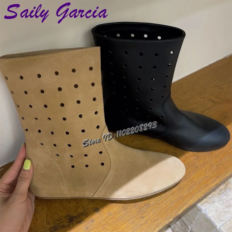 

Frosted Camel Hollow Mid-Calf Boots Round Toe Slip-on Flat with Western Cowboy Boots 2026 Autumn New Casual Women's Slim Shoes