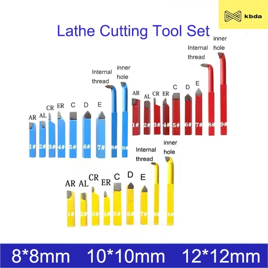 KBDA 9pcs/1set Turning Tools 8*8mm 10*10mm 12*12mm Mini Lathe Turning Tool Set AR ER AL CR Inner Hole