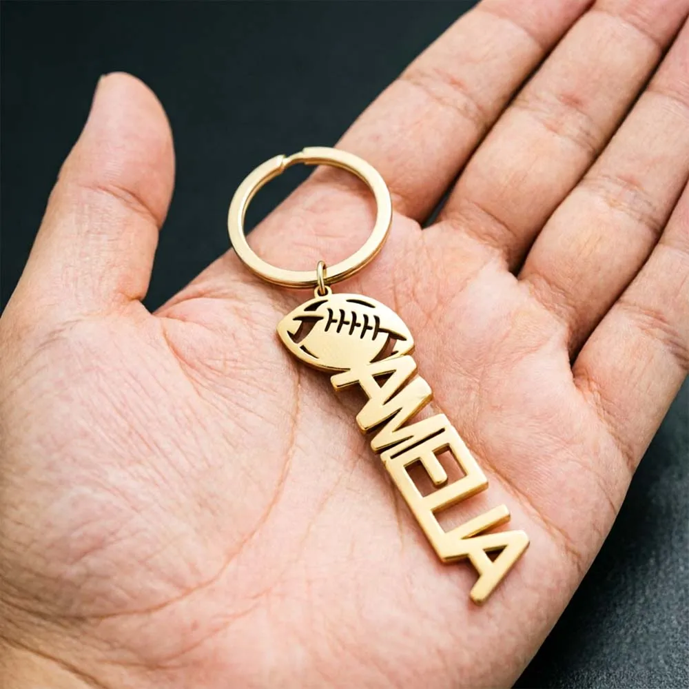 Rugby Ball Personalized Keychain Custom Name Key Ring Bag Charm American Football Gift For Men Women Boy Stainless Steel Jewelry