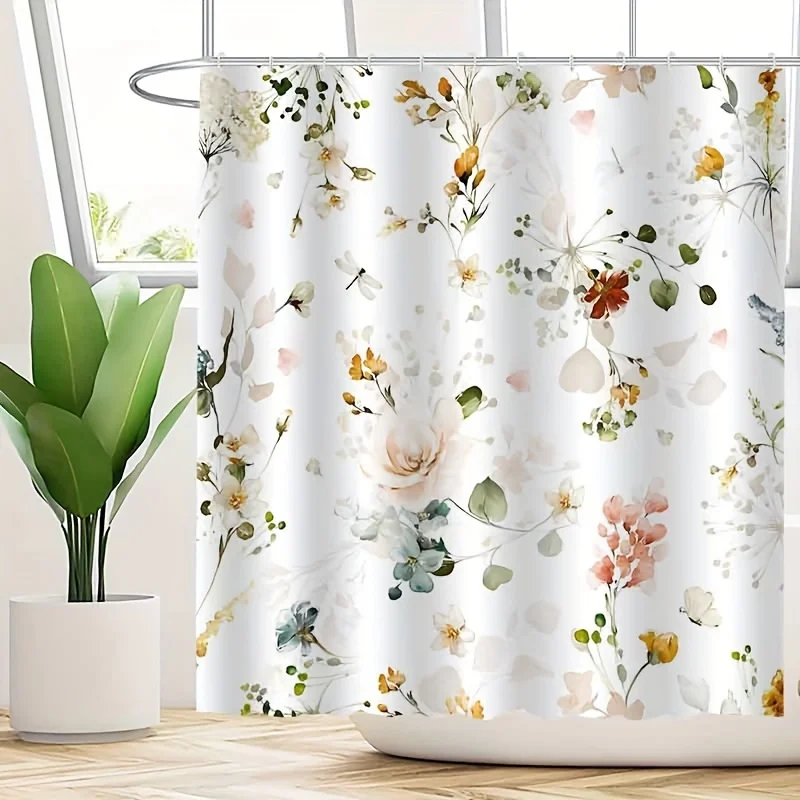 1pc Pink Floral Shower Curtain - High Quality & Anti-Fog Bathroom Curtain with Hooks, Machine Washable Polyester, Elegant Pastel