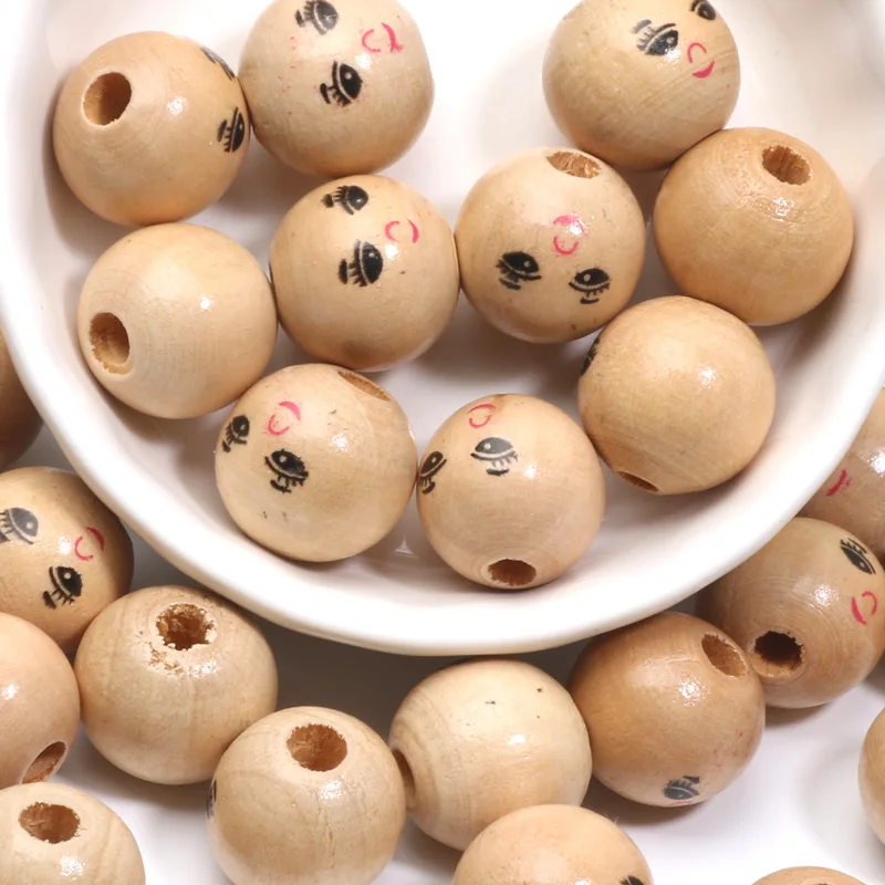 5/10/20pcs Wood Color Round Balls Wood Spacer Beads Smiling Pattern Wooden Beads For Jewelry Making DIY Handicrafts Accessories