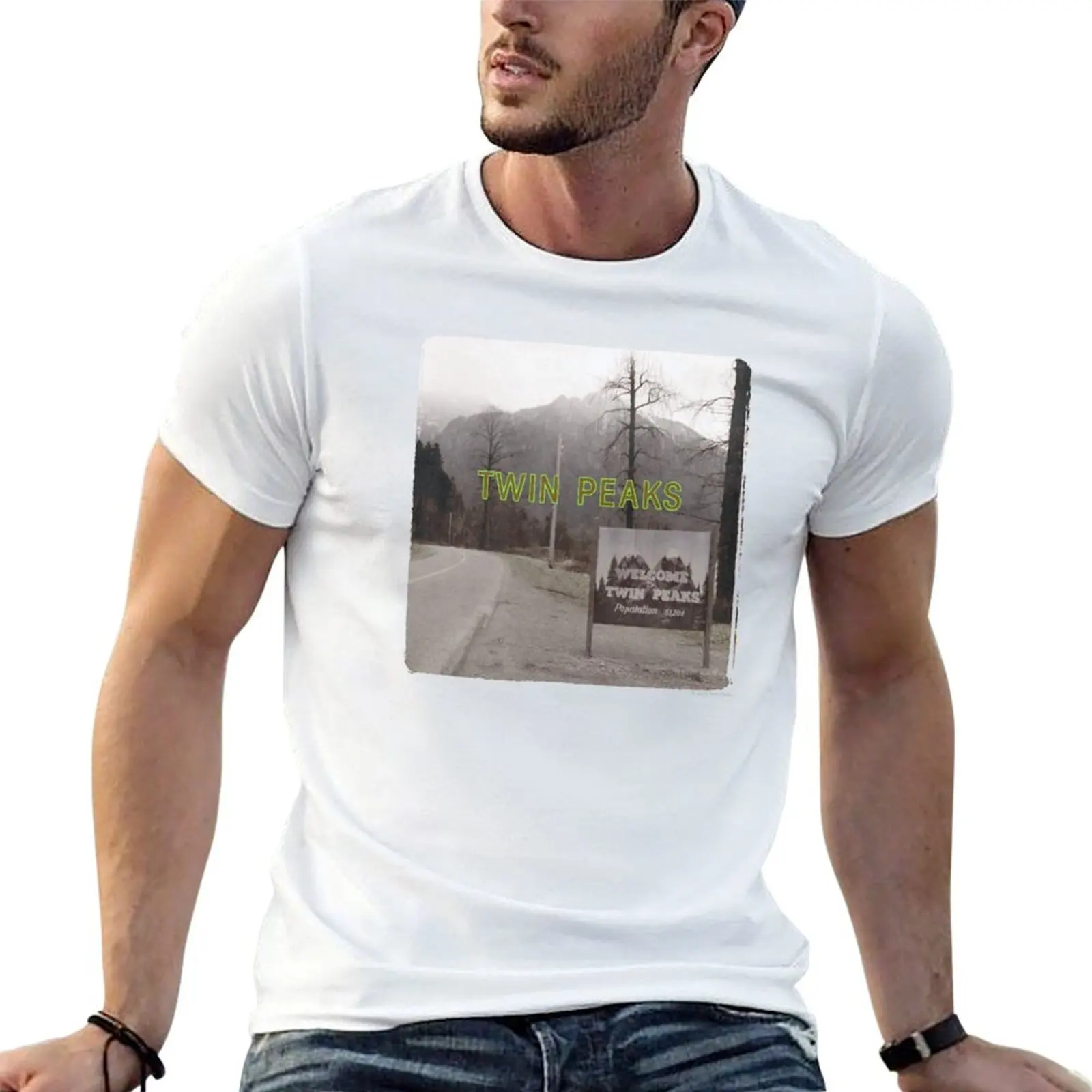 

Twin Peaks Welcome Sign With Mountain View Photoreal T-Shirt t shirts for man cotton t shirts for man slim fit T-Shirt
