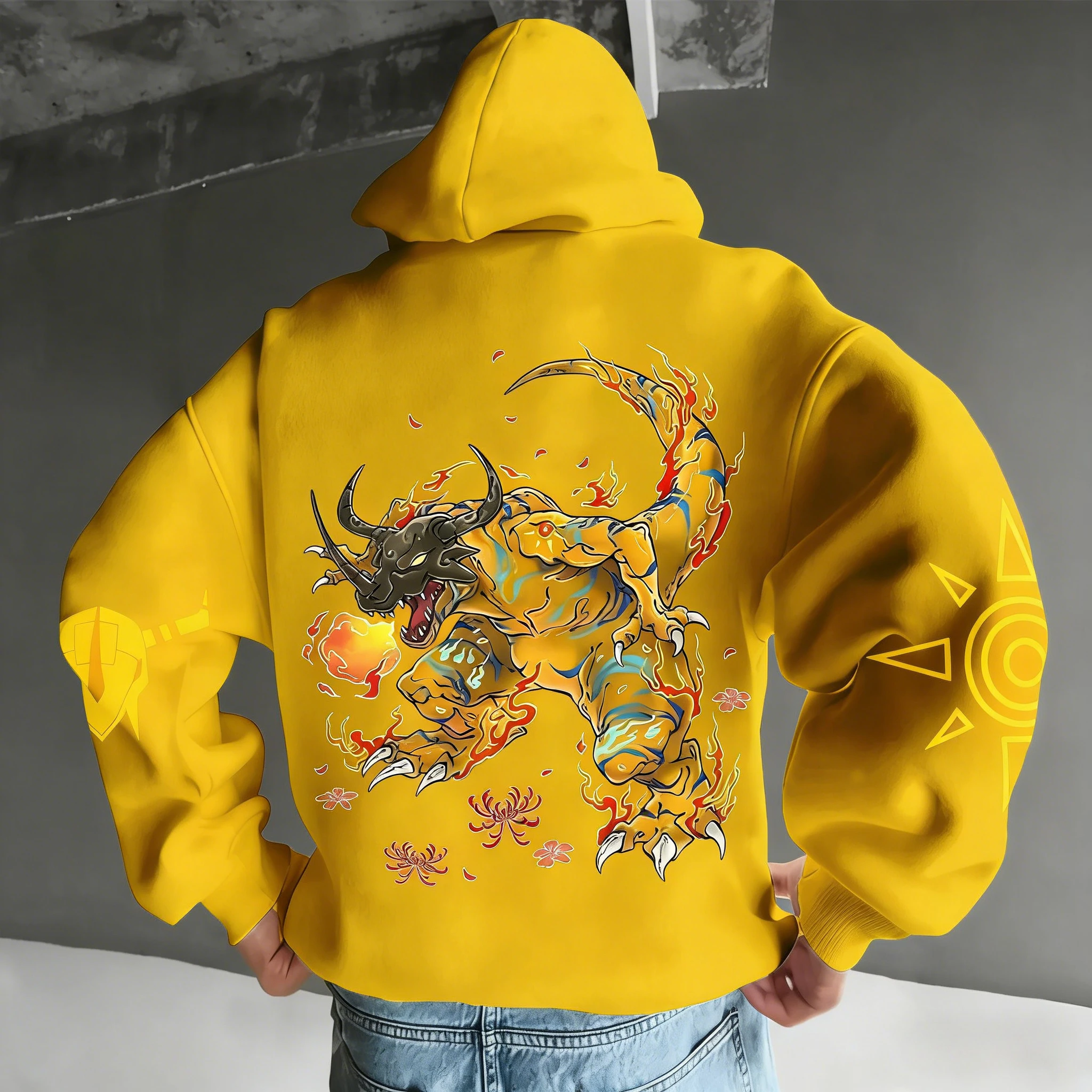 

Anime Cotton Hoodie Yellow Color Character Print with Cartoon Dinosaur Sharp Teeth Flame Pattern Multi Color Back Design Casual