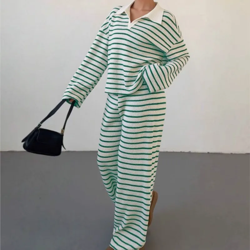 

Fashionable Knitted Loose Long Sleeved Top Leisure Pant Sets Autumn Winter Striped Lapel Pullover Conjunto Dos Piezas Mujer