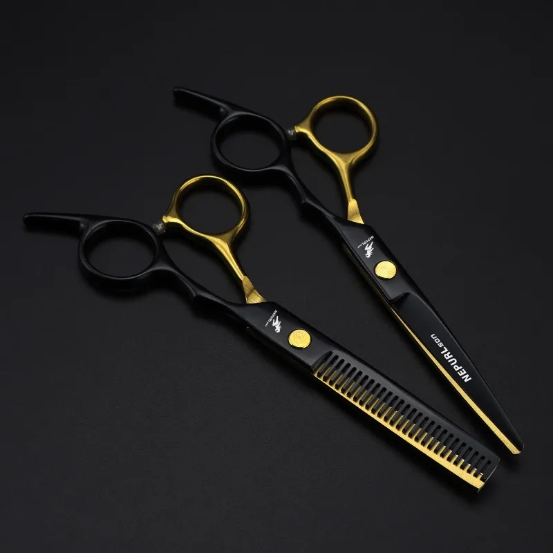 6.0-inch black gold hand-shaped sloping tail affordable model hair scissors, for dry and wet use sharp and durable