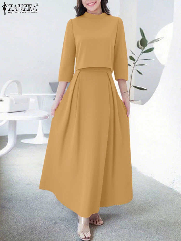 Conjuntos de faldas largas elegantes para mujer, blusa de manga 3/4, faldas plisadas ZANZEA 2025, conjuntos informales a juego, trajes con cuello levantado de verano