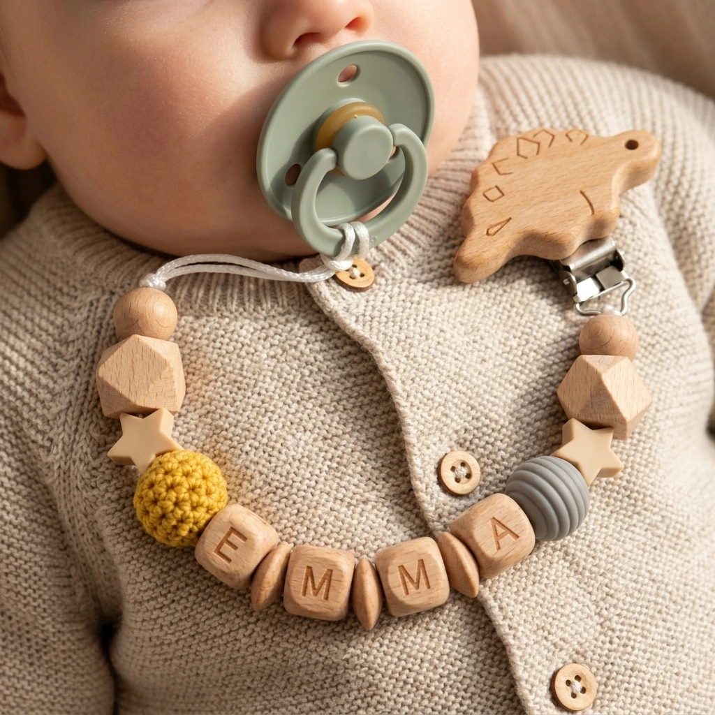 Custom Name Pacifier Clip Personalized Baby Pacifier Chain Wooden Bead Dummy Clip Soother Holder Crochet Ball SiliconeBaby Gift