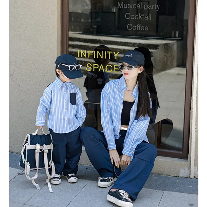 Family Matching Clothes 2024 Spring Autumn Fashion Mom and Son Same Blue Shirts Korean Style Dad Daughter Same Long Sleeve Tops