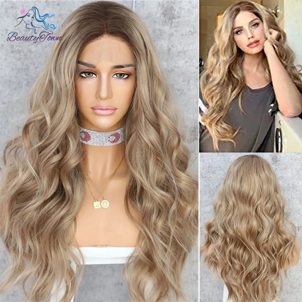 Perruque Lace Front Wig synthétique Body Wave, perruque Lace Wig transparente HD Blonde cendrée, perruque de Cosplay pour fête quotidienne, marron