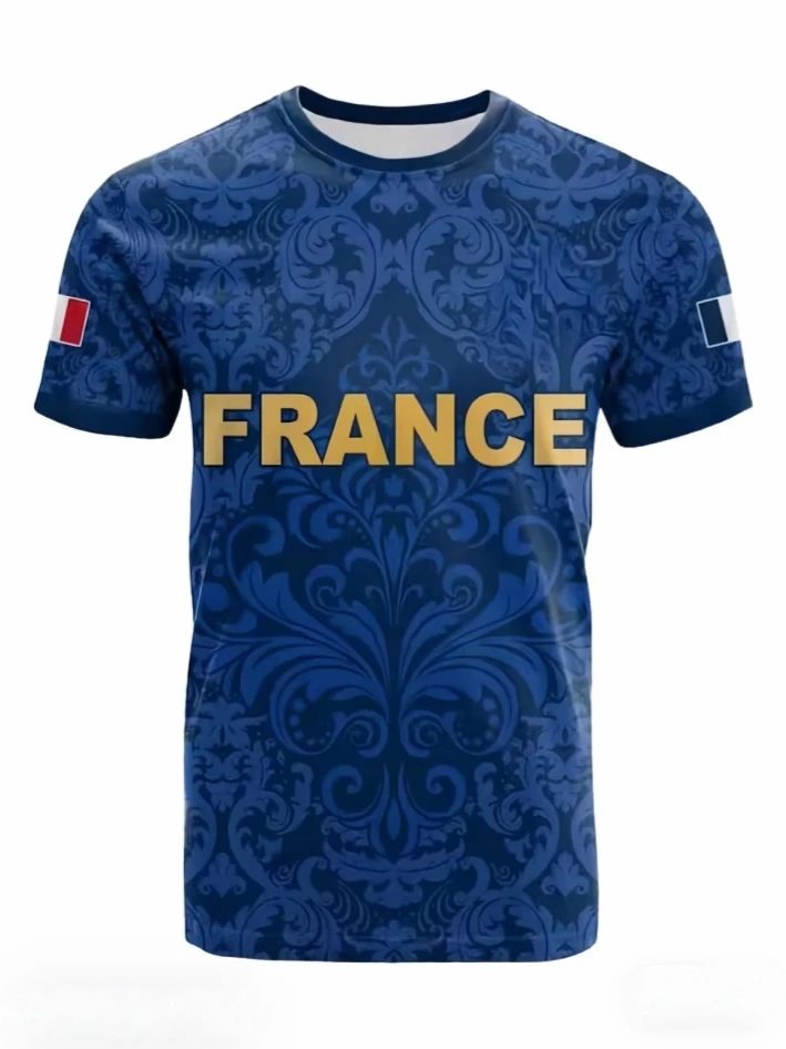 2026 Men's France Baroque Graphic Training T‑Shirt, Breathable Quick‑Dry Short Sleeve Top,Streetwear Jersey for Gym Workout