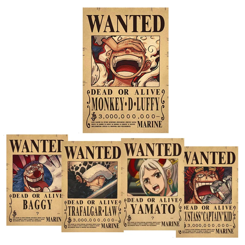 One Piece Luffy New 3 Billion Bounty Wanted Posters New Four Emperors Kid Law Action Figures Vintage Decoration Poster Toys Gift