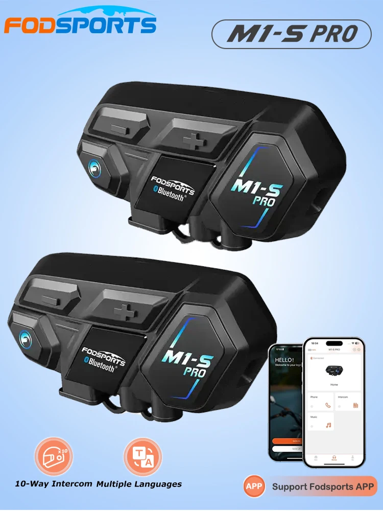 2 Stück Fodsport M1-S Pro Motorrad-Intercom Helm Bluetooth-Headset 8-Fahrer-Kommunikator Moto-Interphone Musik-Sharing, APP-Verbindung