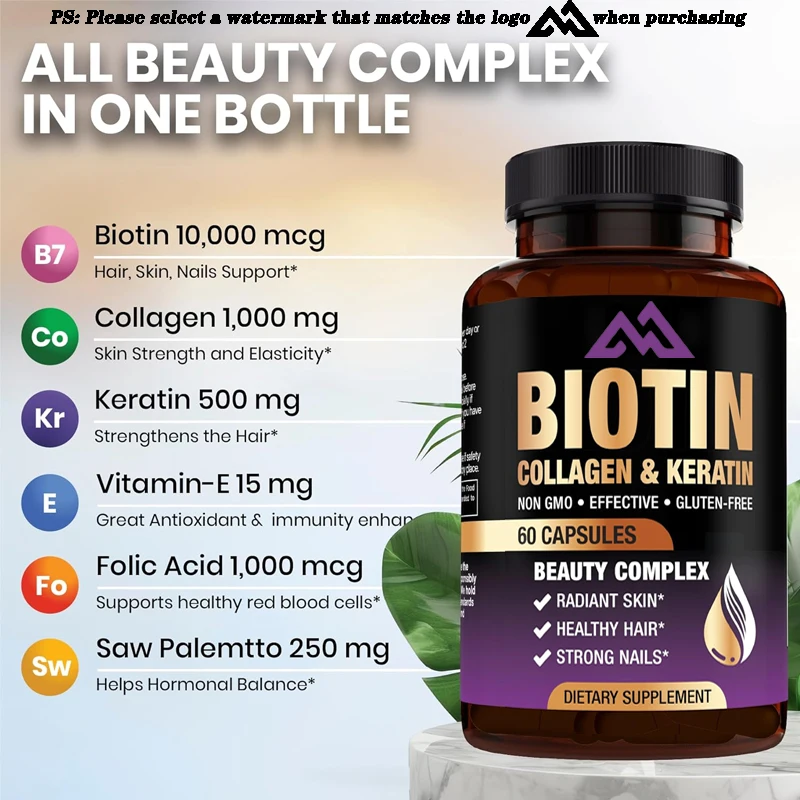 Biotina, colágeno, queratina, ácido hialurónico, vitaminas DHT para uñas, cabello, piel, vitamina E, folato, semillas de calabaza, MSM 60 cápsulas