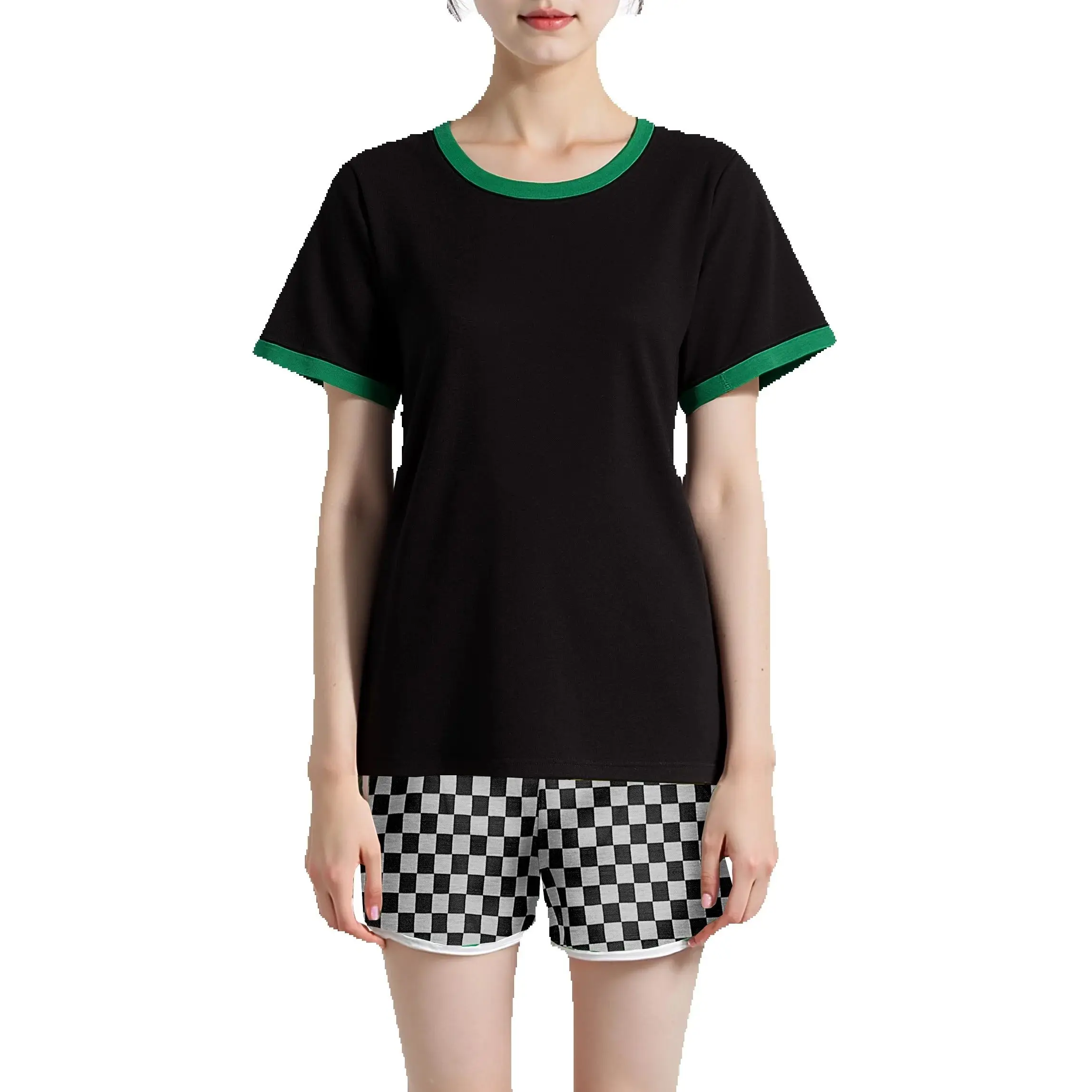 

Women's Spring Summer Casual Loose Cute Shorts Plaid Collegiate Style Cotton T-Shirt Polyester Shorts 2-piece Set