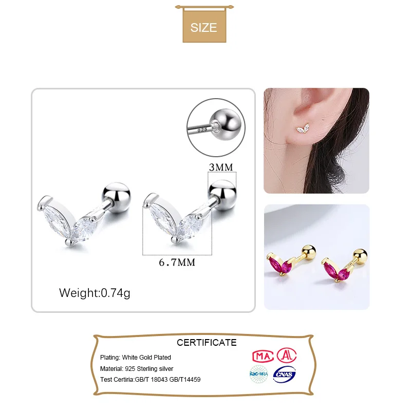 TrustDavis Real 925 Sterling Silver Fashion Sweet Leaves Shiny CZ Screw Stud Earrings For Women Wedding Fine Jewelry Gift DA2256