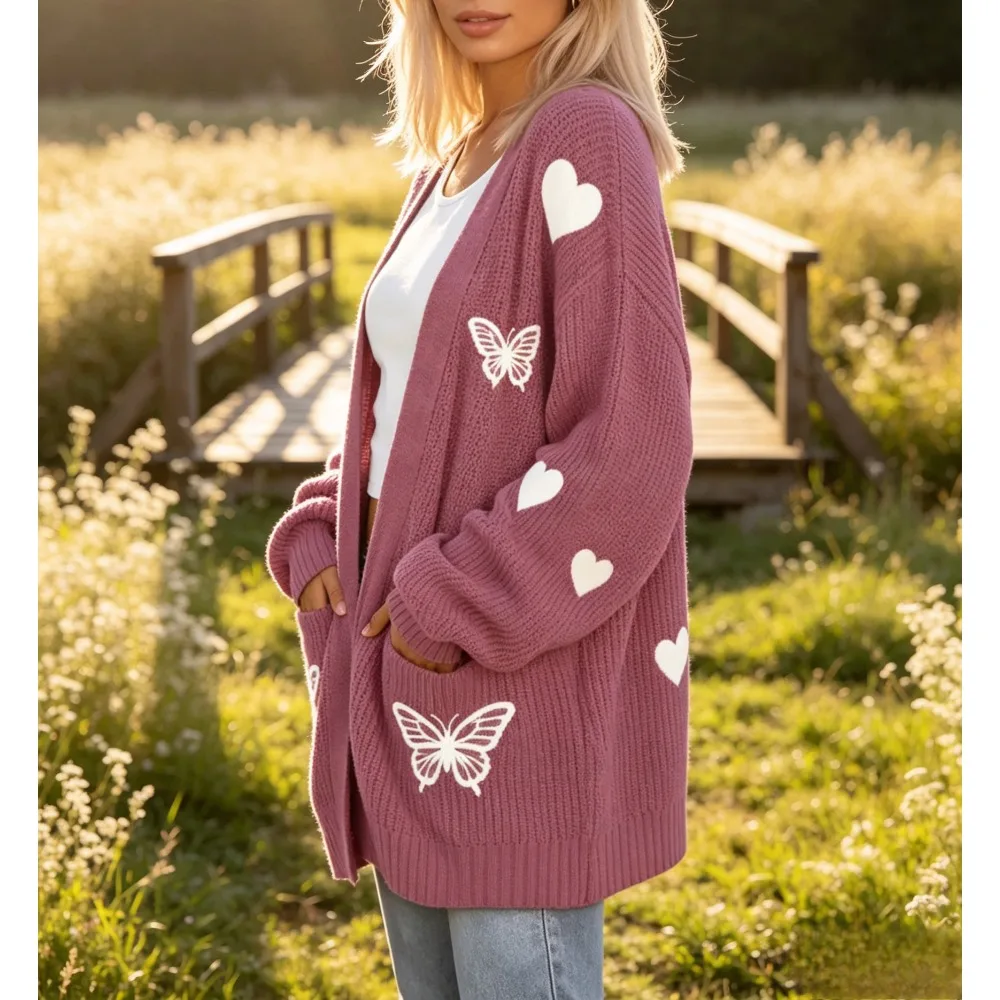 Women Boho Floral Butterfly Longline Cardigan Open Front Oversized Coat Casual Outwear for Daily Shopping Vacation Streetwear