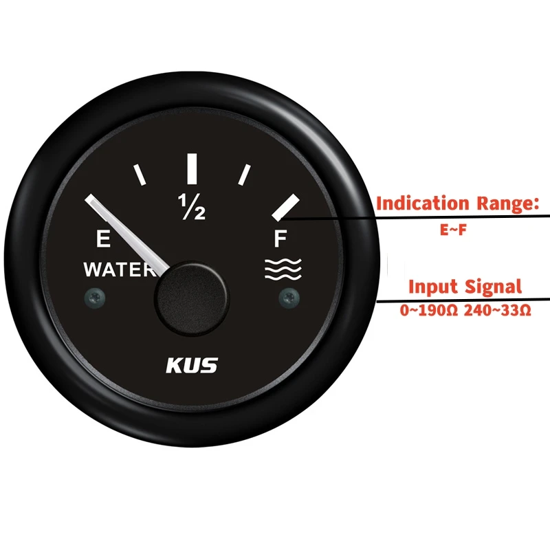 KUS 52mm Pointer Water Level Meters Modification 0-190ohm 240-33ohm Black Water Level Gauges with Yellow Red Backlight 12v/24v