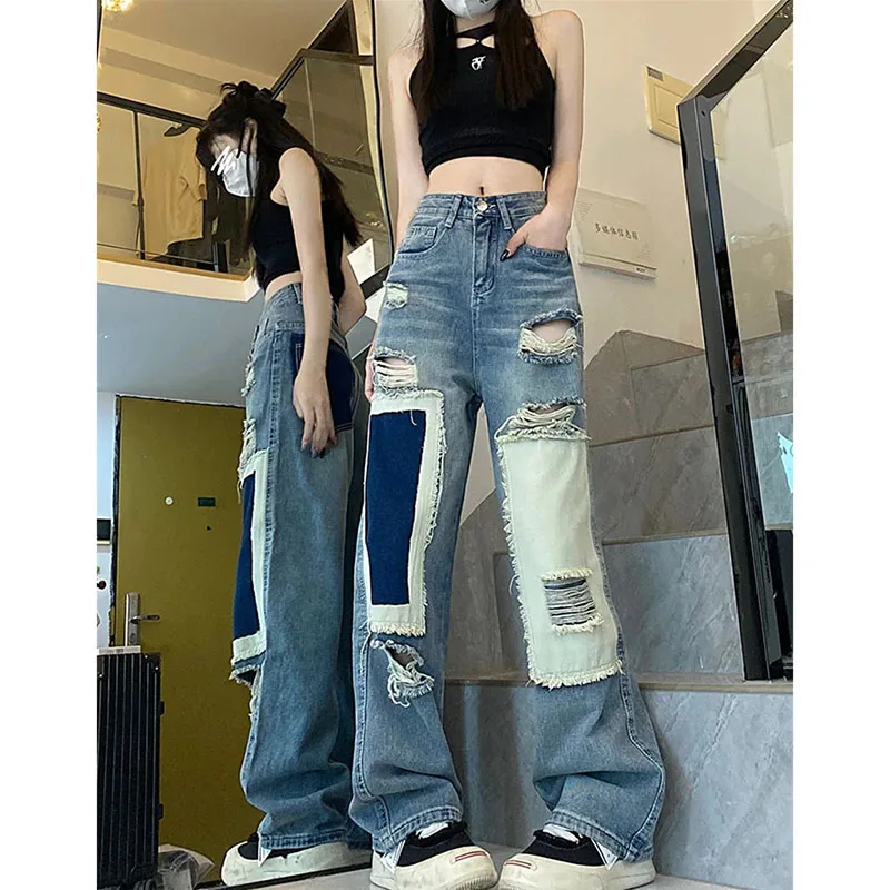 

Spring Summer Patch Ripped Baggy Jeans Women Retro Hip Hop Contrasting Color High Waist Straight Jeans Casual Wide Leg Pants