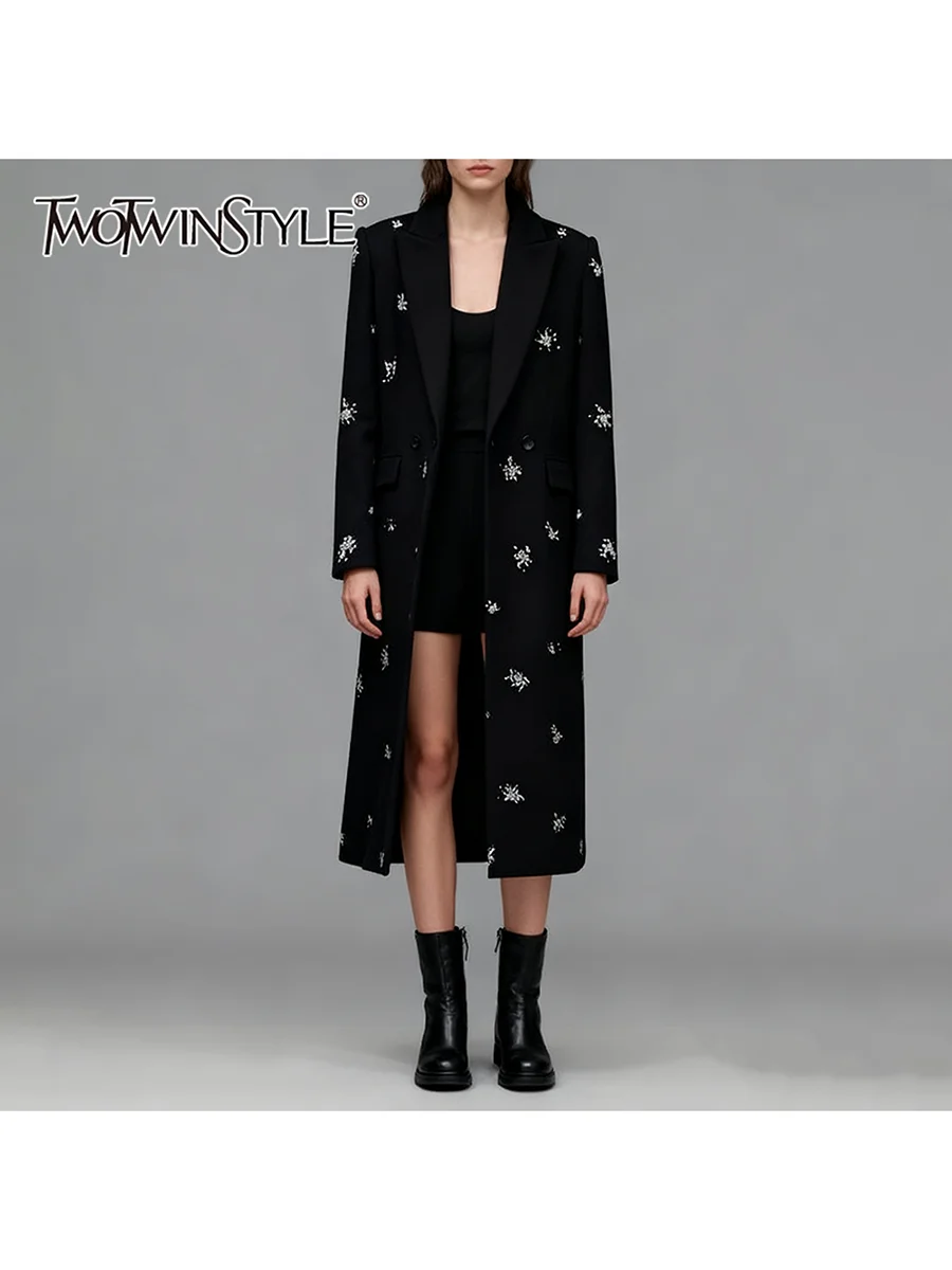 

TWOTWINSTYLE Solid Slimming Spliced Bead Fashion Coats for Women Lapel Long Sleeves Temperament Coat Female Fashion Clothing New