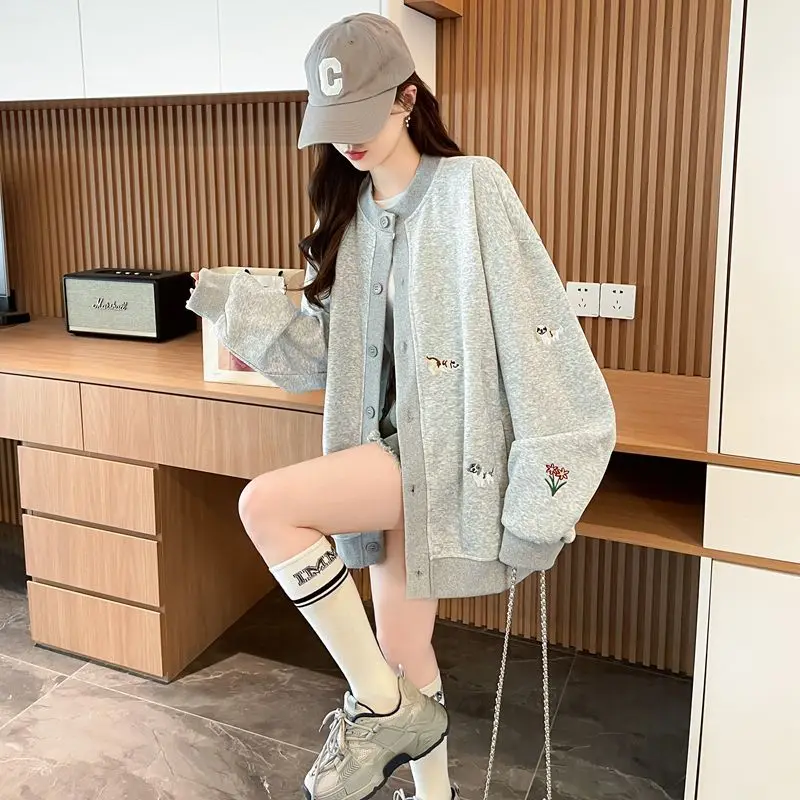 

American Cartoon Puppy Embroidered Cardigan Hoodie for Women Lightweight Spring Autumn Loose Baseball Jacket Cozy Slimming​