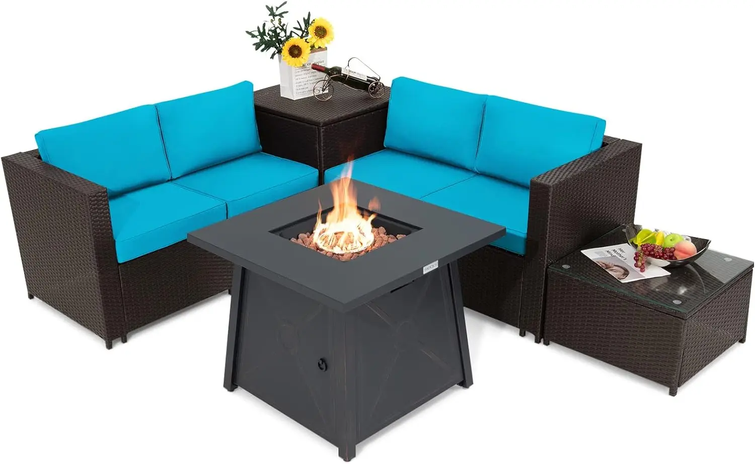 

5 Piece Patio Furniture Set with 50,000 BTU Propane Fire Pit Table, Outdoor Wicker Conversation Set w/Cushions, w/ Coffee Table