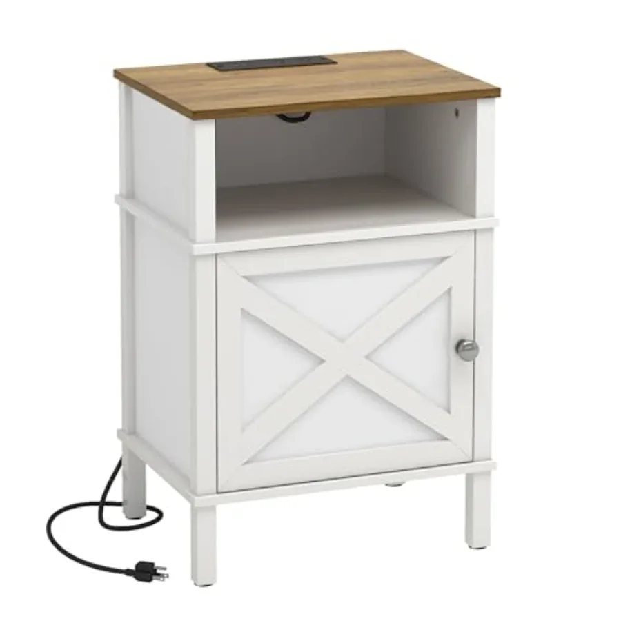 

Farmhouse Nightstand with Charging Station White Bedside Table with USBandType-C Ports and Outlets End Table with Storage Night