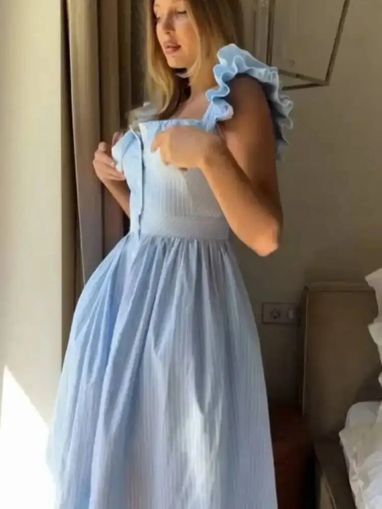 ファッショナブルなストライプフリルプリーツレディースドレスエレガントなソリッドスクエアネックシングルボタンドレス女性夏シックカジュアル9IHE