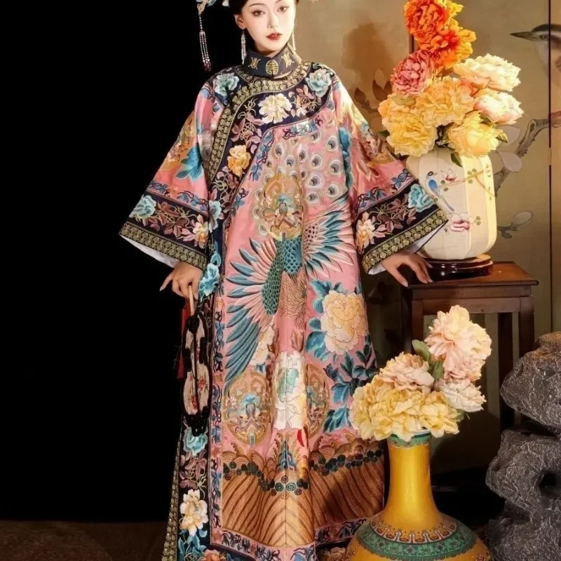 Robe traditionnelle chinoise de la dynastie Qing pour femme, imprimé paon rose, manches larges, col montant, Cheongsam, robe médiévale