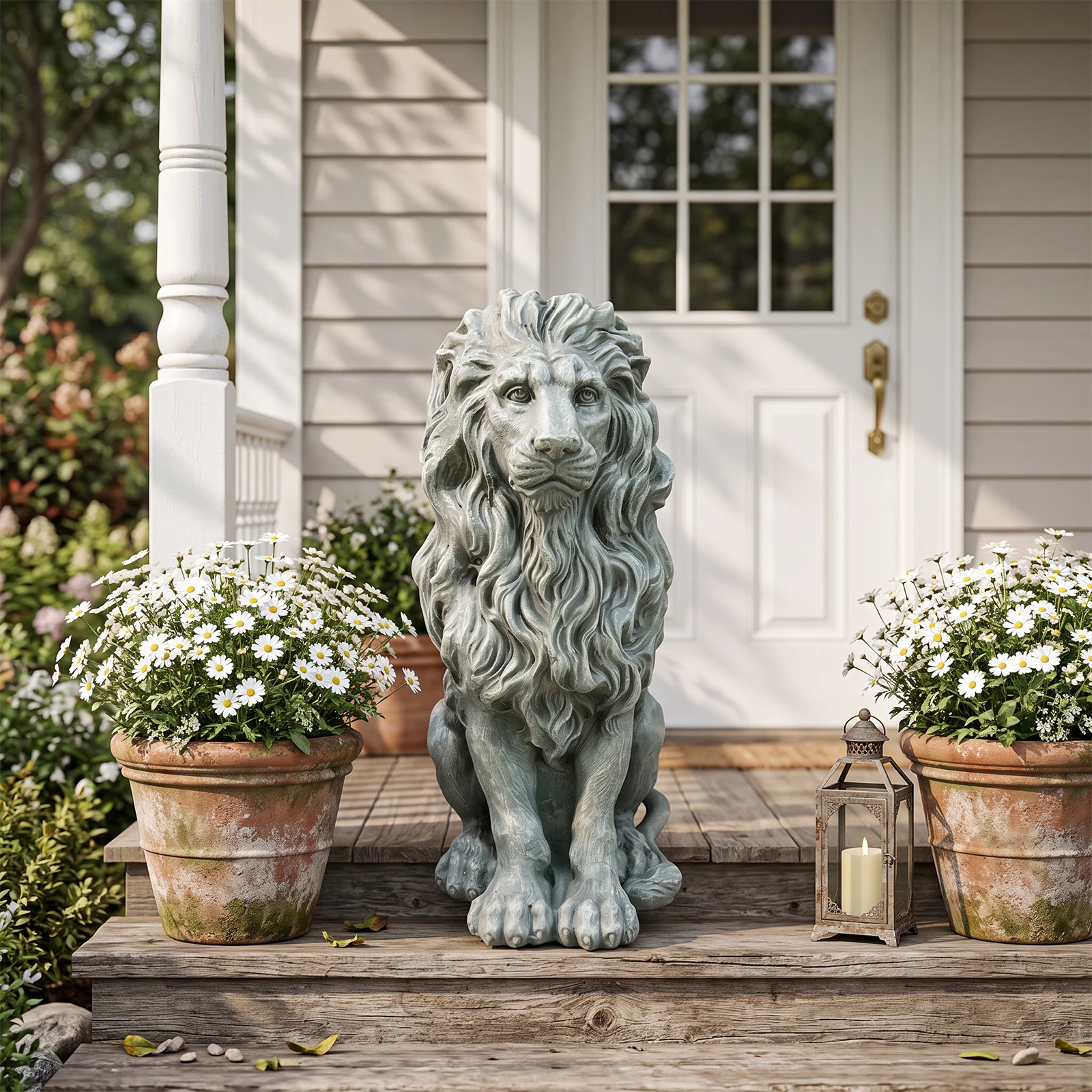 Sitting Lion Statue Outdoor Garden Decor, Weatherproof Magnesium Oxide Lion Sculpture, Freeze Resistant Lawn Ornament for Patio & Yard