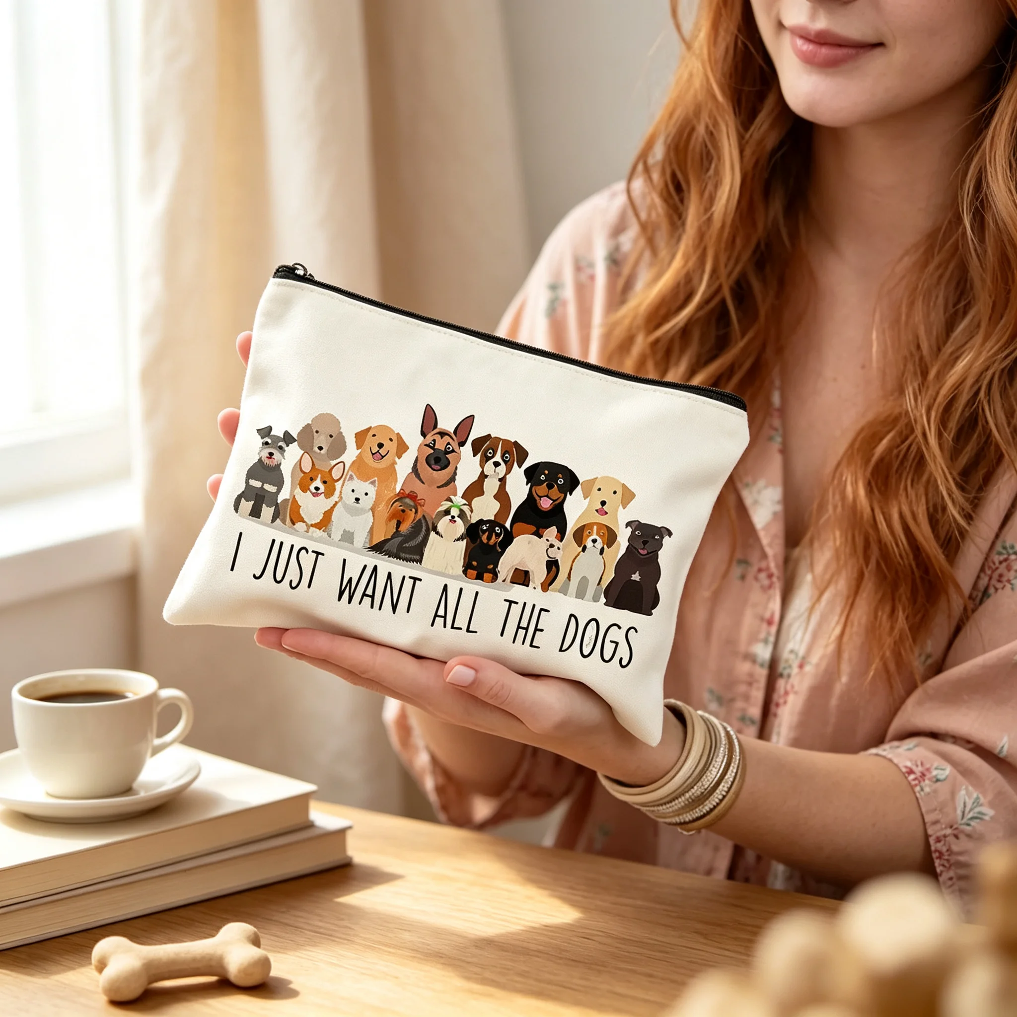 I Just Want All The Dogs Zipper Pouch, Cute Multi‑Breed Dog Makeup Bag, Dog Lover Storage Pouch, Dog Mom Gift for Women