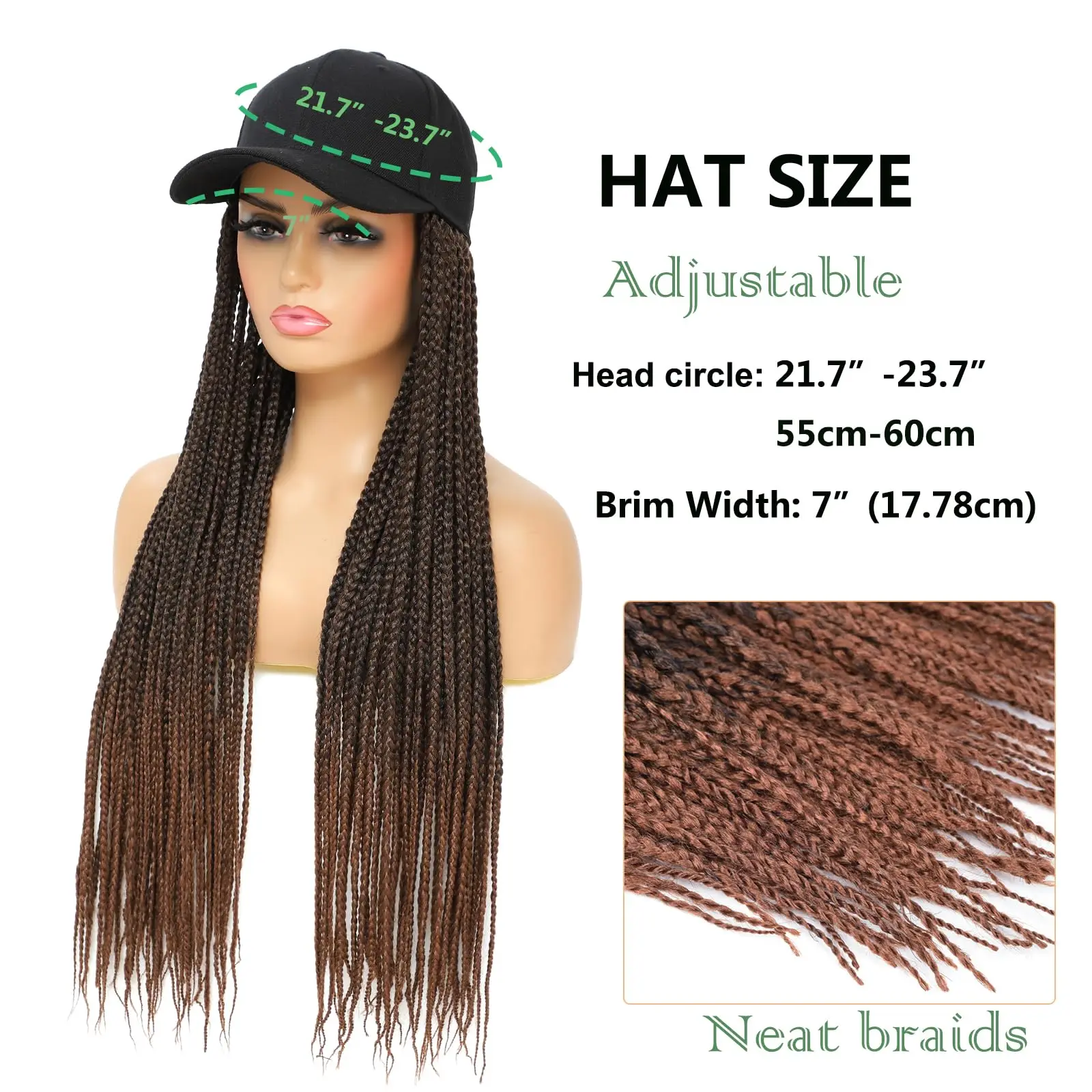 Hat Wig for Women Baseball Cap with Braided Hair Attached Synthetic Box Braid Wig Hat  Cap with ombre dark brown Braids view 3