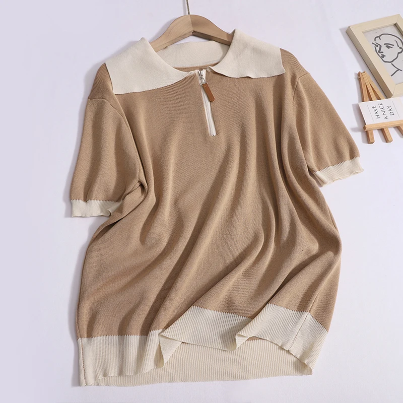 Women Contrast Color Vintage Polo Neck Zip Short Sleeved Top Elastic Band High Waist Wide Leg Pants Summer Casual Loose Knit Set