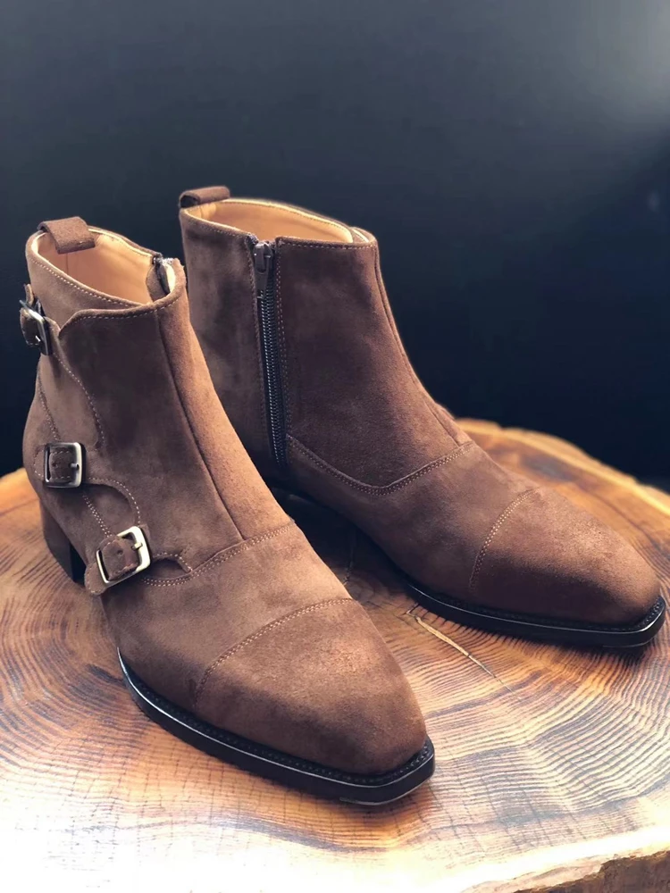 Cie tri-strips Chestnut Beveled Waist/Fiddle-back Ankle Boots Leather Sole Men High Quality Can Custom Handmade Footwear MA19