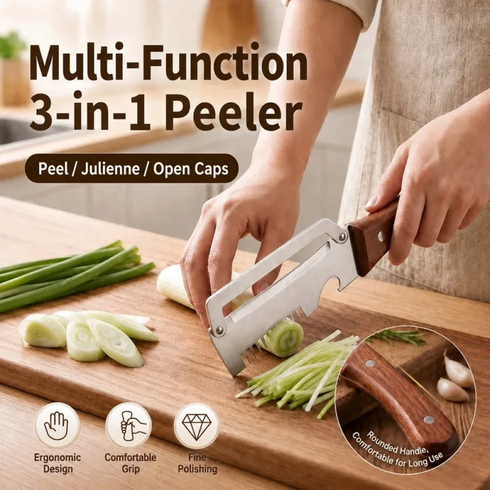 New Paring Knife Ergonomic Imitation wood grain handle Stainless Steel Vegetable Peeler with Wooden Handle 3-in-1