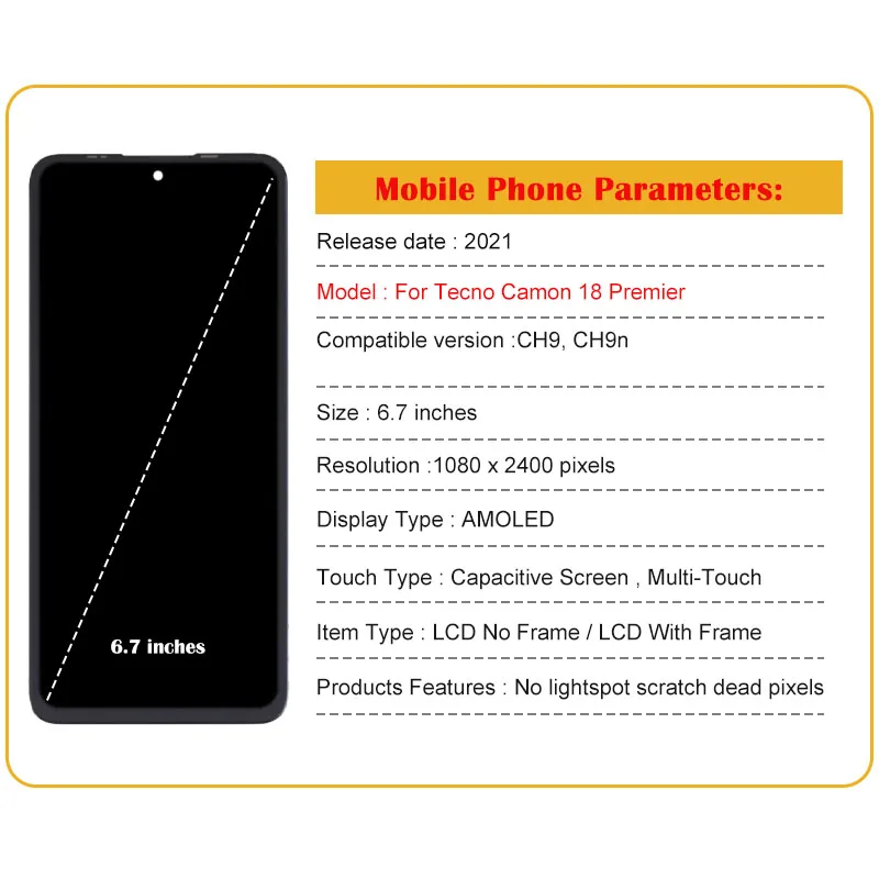 LCD Display Touch Screen Digitizer Assembly, Tecno Camon 18 Premier, CH9, CH9n LCD Display