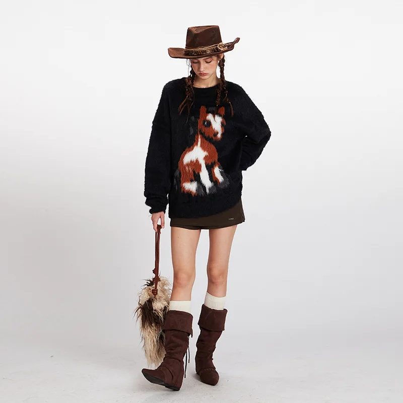 السنة الجديدة للحصان الخريف والشتاء الجديدة الموهير فضفاضة متماسكة سترة جولة الرقبة البلوز كسول ملابس خارجية سترة