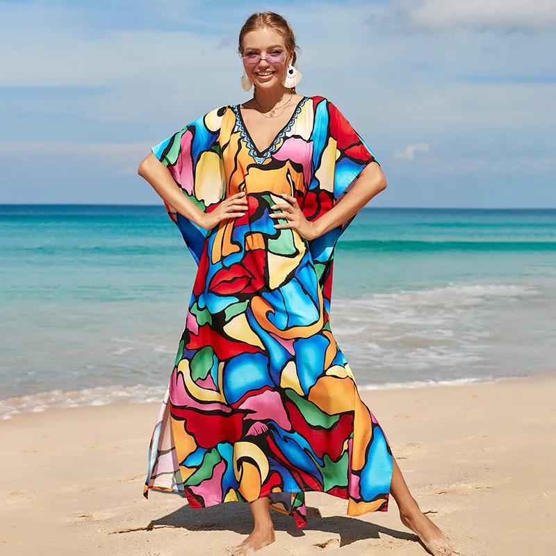 2024 Elegant Arrival Summer Fashion Style African Women Short Sleeve Printing V-neck Long Dress African Swimwear Women Cover-Ups