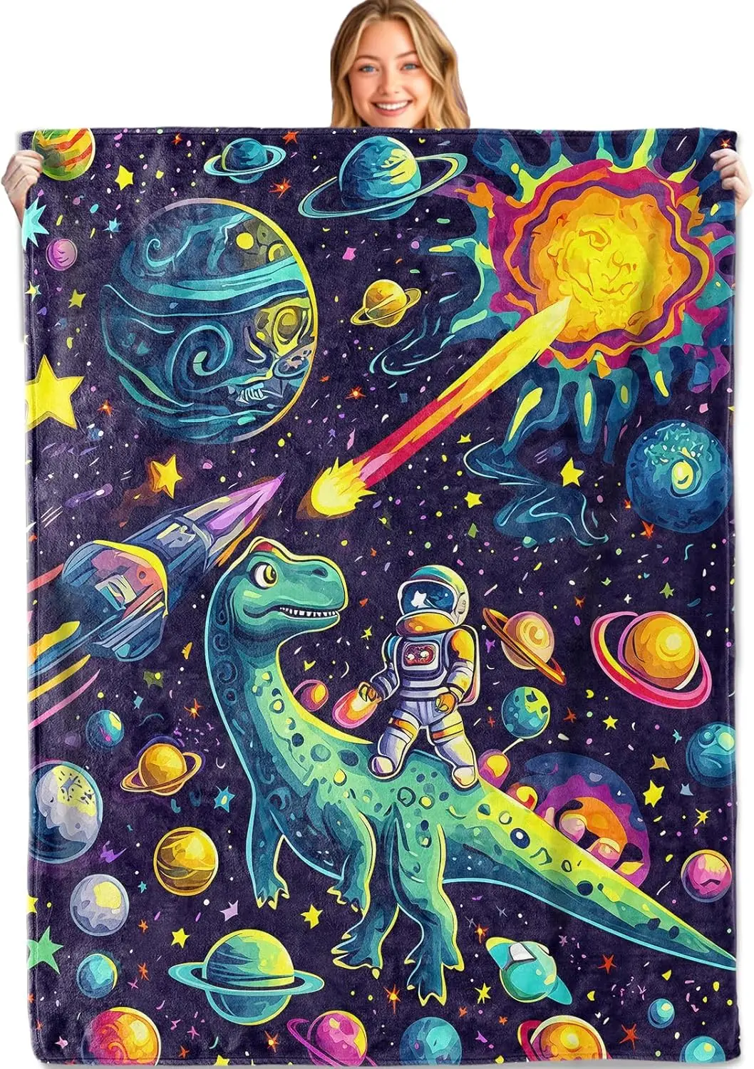 Manta de dinosaurio Space Adventure, 50x60 pulgadas, franela suave y ligera, mantas de astronauta Dino Planet, regalos para niños y niñas