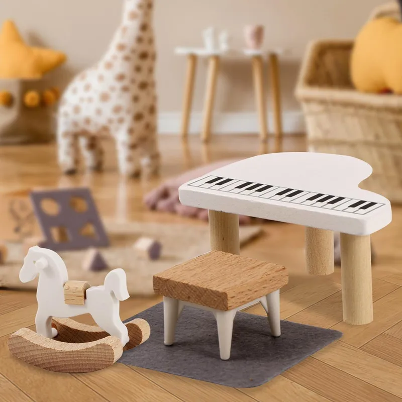 Wooden Dollhouse Furniture Set Mini Nordic Style Home Décor Accessories Pretend Play Miniature House Kit for Toddlers