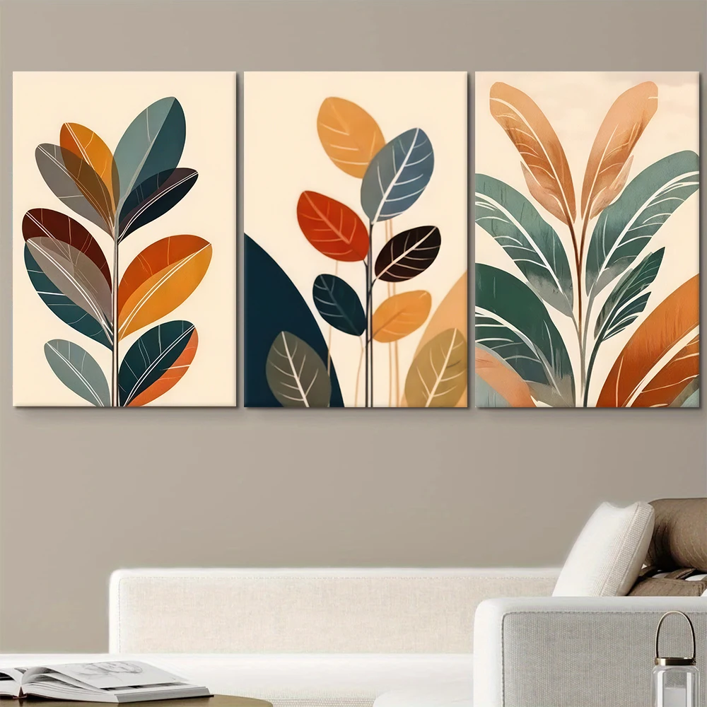 3 piezas de pinturas decorativas en lienzo de hojas abstractas minimalistas modernas, pintura colgante de pared de entrada de sala de estar de estilo nórdico