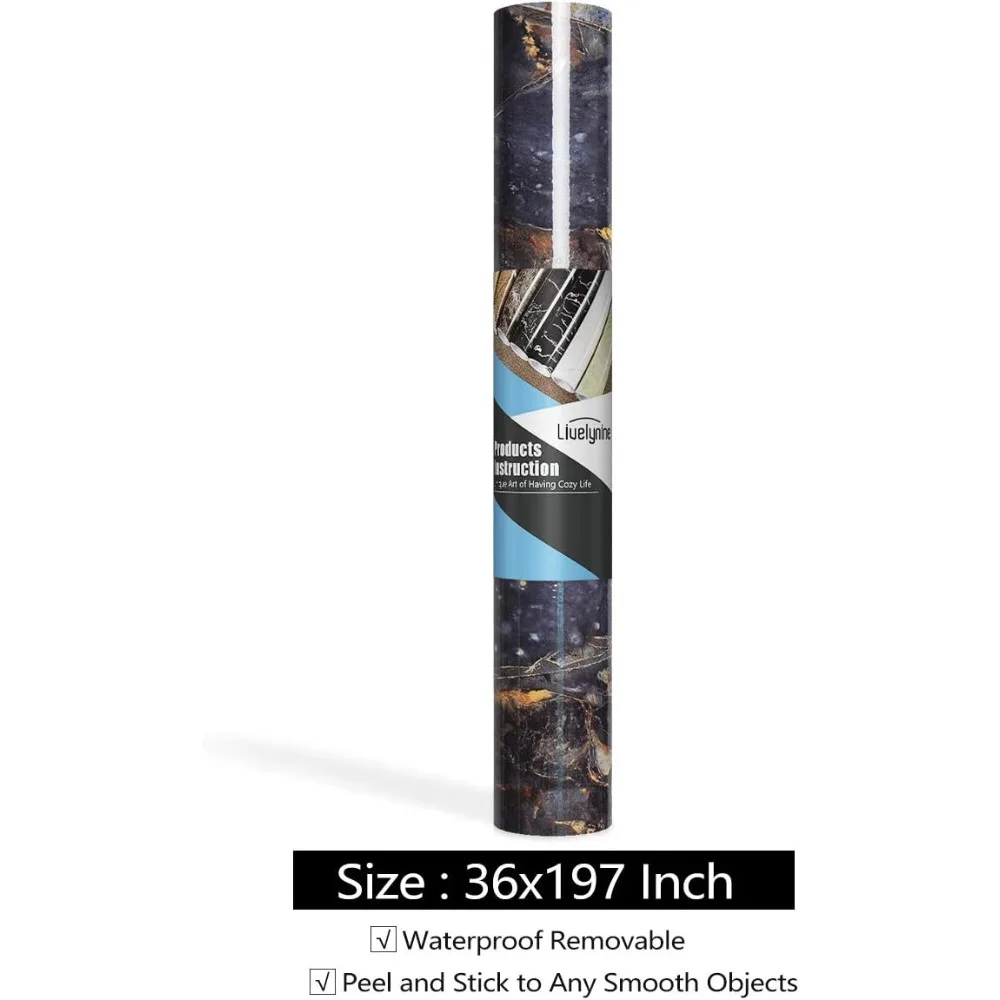 Black and Gold Marble Peel and Stick Contact Paper Waterproof Kitchen Countertop Cover 36 Inch by 197 Inch for Table