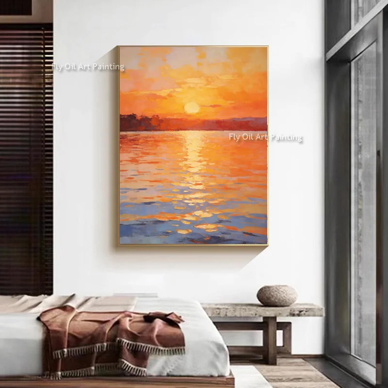 Fashion Wall Art Orange Yellow Sea Sunset Canvas Thick Artwork Large Modern Original Blue Yellow Seascape Oil Painting For Home