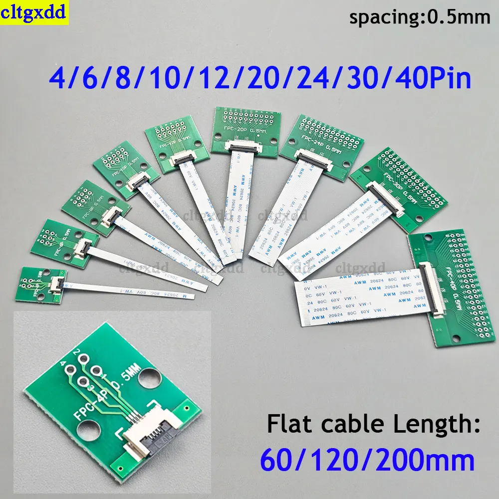 Cltgxdd 2 sets FFC/FPC flexible cable connectors+0.5mm spacing 60/120/200mm length FFC cable 4/6/8/10/12/20/24/30/40 pin adapter