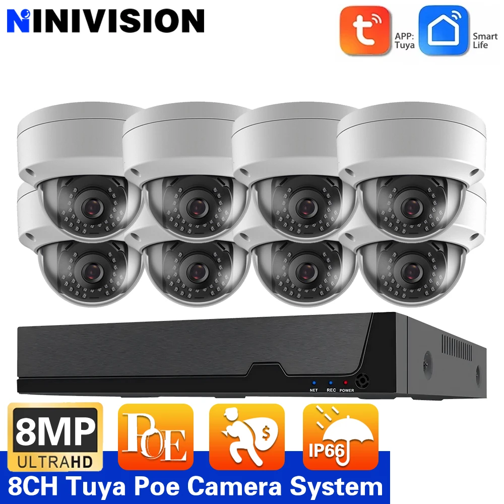 

Tuya H.265 8CH CCTV POE NVR Kit 8MP Ai Human Detection POE Security Dome IP Camera System Indoor Outdoor Waterproof Camera Kit