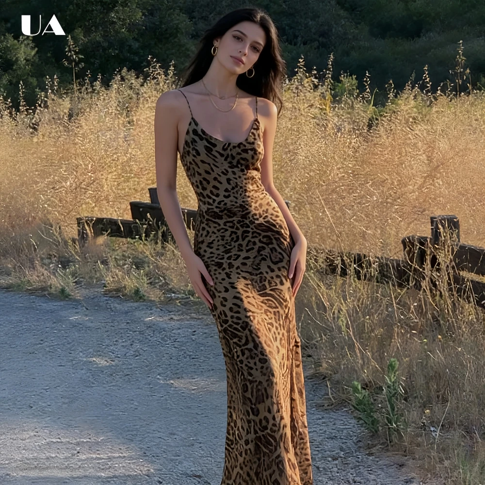 

Fashionable Leopard Draped Collar Maxi Dress with Spaghetti Strap Sexy Backless Long Dress for Woman Trendy Lace-up Party Dress